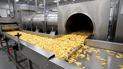 French fries production line in industrial factory setting