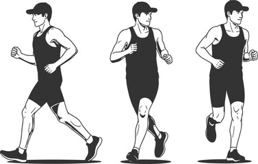 Illustration of man running in different poses and outfits for fitness and exercise