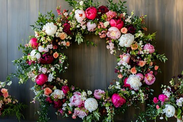 An extravagant circular wedding arch bursting with peonies, gardenias, and jewel-toned floral arrangements for a bold celebration,