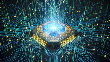 Abstract Futuristic Microchip with Glowing Blue Energy Streams, Digital Data Flow