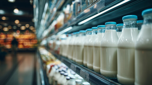 Rows of fresh milk bottles in supermarket refrigerator aisle with bright lighting and modern retail atmosphere
