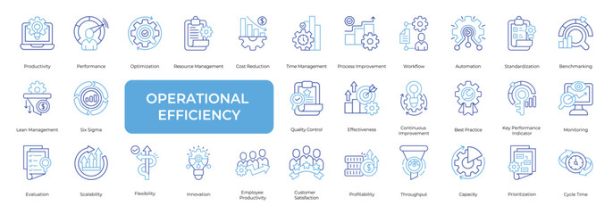 Operational Efficiency Icon set Collection in Line Two Color Style. Productivity, Performance, Optimization, Resource, Management, Time, Effective