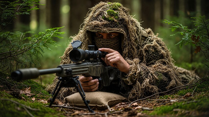 Sniper in camouflage aiming through the scope of a sniper rifle in a forest environment