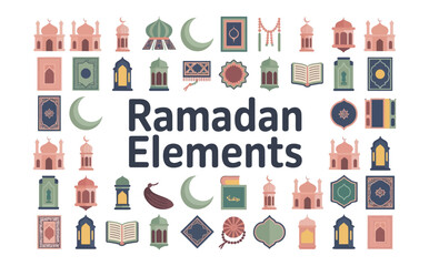 Ramadan elements icons collection with mosque crescent moon lantern and book high-quality professional detailed modern elegant stylish clean crisp vibrant colorful digital.
