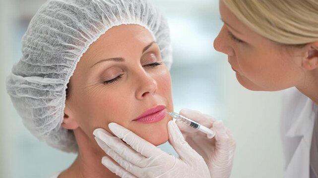 4k video of a cosmetologist applying botox or filler to the patient's lips.