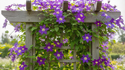 Wooden trellis adorned with blooming clematis flowers in a vibrant garden setting