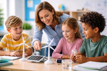 Teacher guiding students with renewable energy models in classroom