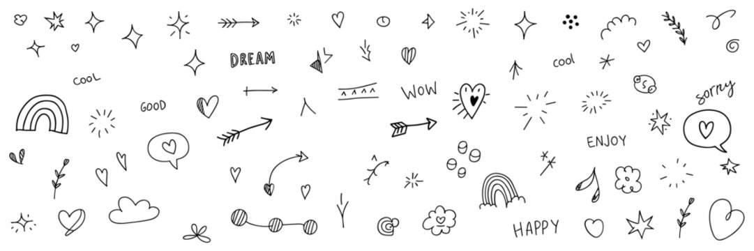 Line arrow, star, heart cute icon elements. Hand drawn sketch heart, arrow, star, flower decoration symbols. Simple sketch line style emphasis, attention, graphic elements. Vector illustration