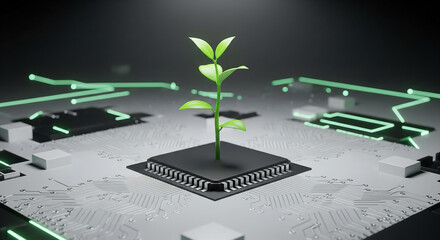 Sustainable Technology: Concept of Green Computing, Futuristic Computer Chip, and Eco-Friendly Processing