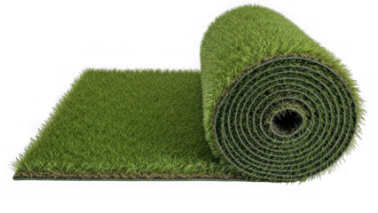 rolled up green artificial turf on white background