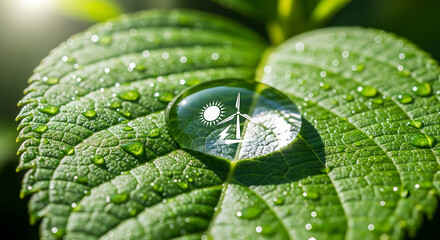 Sustainable energy concept: Sun and wind power graphic in water droplet on a green leaf. Eco-friendly solution.