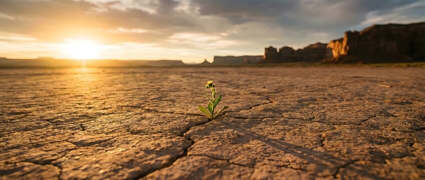 Small Green Seedling Growing on Cracked Dry Soil at Sunset