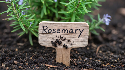 Close-up of a wooden plant tag labeled "Rosemary" in soil beside a rosemary plant
