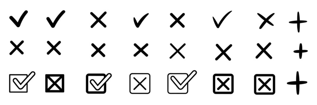 Check tick mark icon set. Cross box x check mark checkbox v list vector draw hand drawn sketch doodle brush marker checklist symbol wrong right circle. Vector Illustration