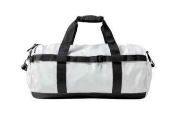 White duffel bag with black straps and handles on black background image