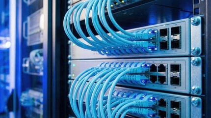 High-speed data server network infrastructure,close-up of ethernet cables connected to switches,modern internet communication system in data center
