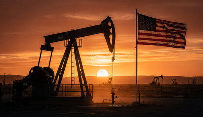 An oil pump jack is silhouetted against the setting sun as it operates at an oil field in the United States, with the American flag flying nearby