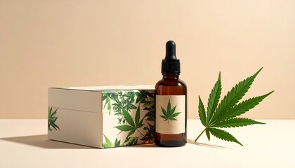 Still-life composition features a box, dropper bottle with a blank label, and a cannabis leaf. Soft, neutral color scheme