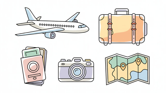 Travel icons including airplane suitcase passport camera and map flat vector illustration for vacation and tourism concepts