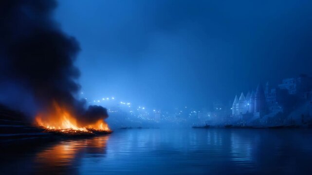 Nighttime ritual fires burning along a riverside in an ancient Indian city. Large wooden pyres glow with deep orange flames and thick dark smoke rising into the night sky. The rive  4K