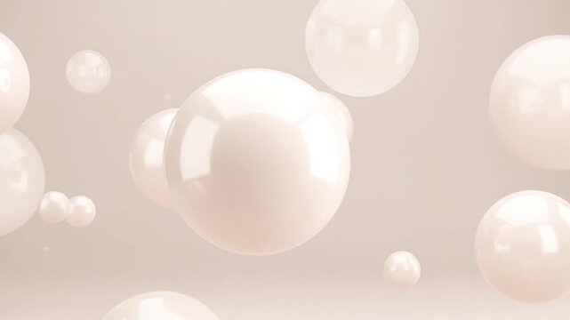 Soft, cream-colored spheres float against a muted background, creating a dreamy, minimalist composition
