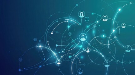 Global network of digital connections,visualization of social media and internet data exchange,blue tech background with icons and connecting lines