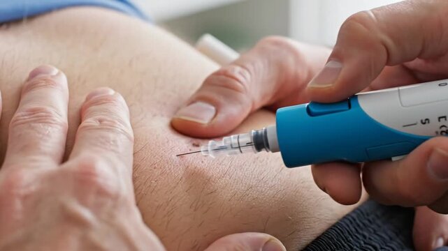 Close-up of person injecting insulin with pen into abdomen for diabetes management