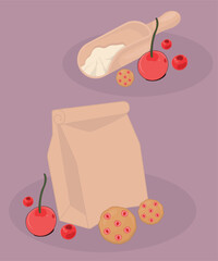 Illustration with a Bag of Flour and Cherry Cookies Taste