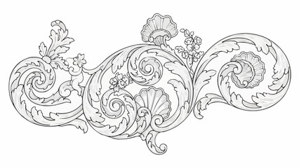 Ornate Rococo Scrollwork Design with Shells and Leaves.