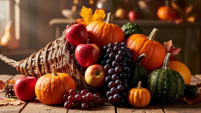 Autumn Harvest Fruits and Vegetables in Cornucopia.