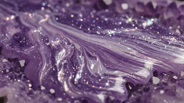 Closeup of sparkling purple slime or gel mixed with glitter resting on amethyst crystal geode structure