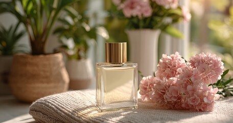 Elegant Floral Fragrance Bottle with Soft Textiles and Pink Blossoms in Bright Setting