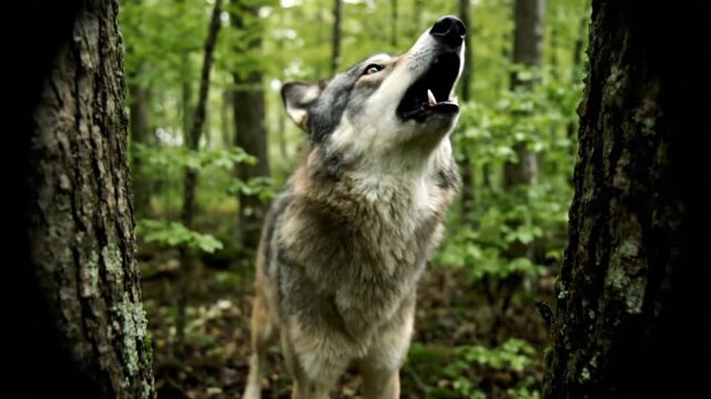 Wolf howling in forest, captured from a unique perspective between trees, showcasing wildlife in natural habitat
