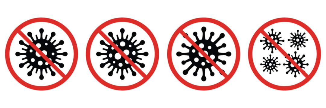No virus infection icons set, featuring stop germs, bacteria, and coronavirus prevention symbols in red prohibition circles, health safety alerts, hygiene icons, and modern vector illustrations 