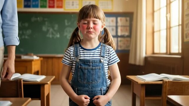 Emotional classroom moment: child's reaction to teacher's guidance in school setting