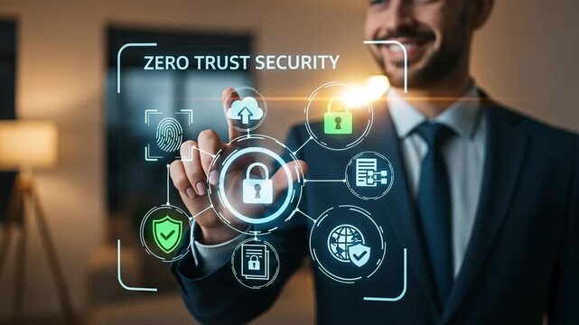 Businessman interacts with digital security interface representing Zero Trust security concept.