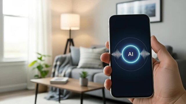 A smartphone showcasing AI technology in a modern house setting for the concept of smart living.