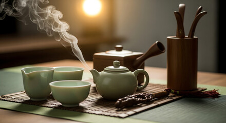 Zen Tea Ceremony: Tranquil Still Life with Tea Set, Steam, and Traditional Tools