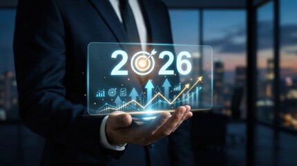 Businessman holding 2026 growth target hologram,arrow chart with upward trend,financial success strategy,data analytics,corporate vision for performance and development