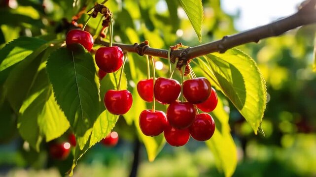 Close up of ripe cherries on a tree branch bright sunlight outdoors