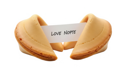 A golden-brown fortune cookie cracked open to reveal a message that reads 'love nopte' isolated on transparent background