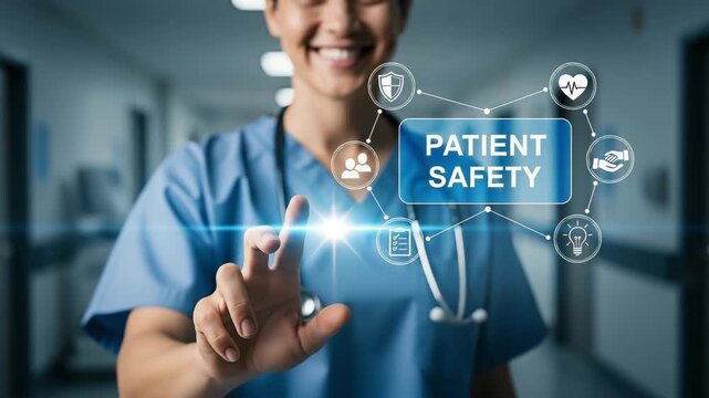 A healthcare professional highlighting patient safety with touch screen technology for medical service.