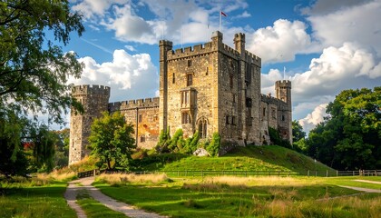 Stone castle on a grassy hill, with turrets and a flag, under a partly cloudy sky. Trees frame the scene and a path leads to the castle