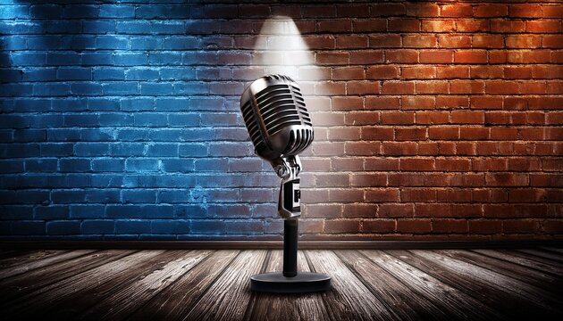 stand up comedy stage microphone background brick wall - Powered by Adobe