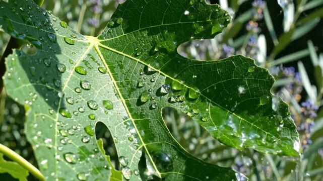 Fig Leaf Bathed In Fresh Dew Drops Sparkling Under Morning Sunlight Close Up