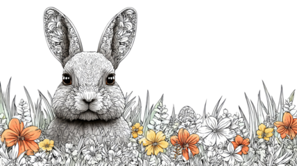 Hand drawn rabbit surrounded by wildflowers detailed line art animal artwork floral scene isolated on white background