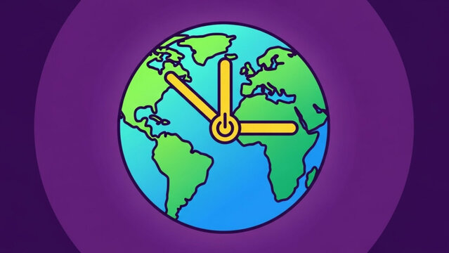 Globe with clock hands on purple background symbolizing global time
