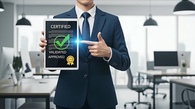 Businessman with digital tablet displaying Certified for the concept of business.