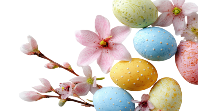 Colorful Easter eggs with cherry blossoms spring holiday arrangement pastel floral detailed composition isolated on white background - Powered by Adobe