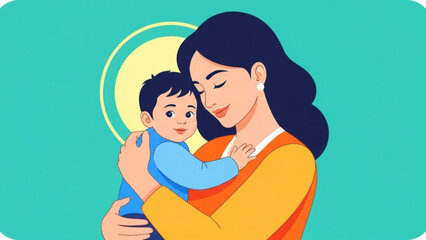 Obraz premium Mother holding baby close in warm embrace on teal background